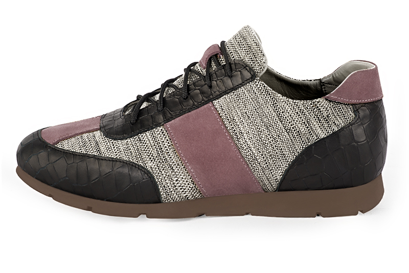 Satin black, ash grey and dusty rose pink three-tone dress sneakers for men. Round toe. Flat rubber soles. Profile view - Florence KOOIJMAN